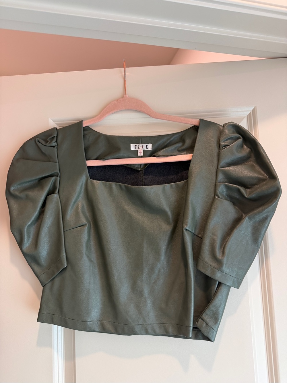 TCEC Olive Faux Leather Puff Sleeve Square Neck Top